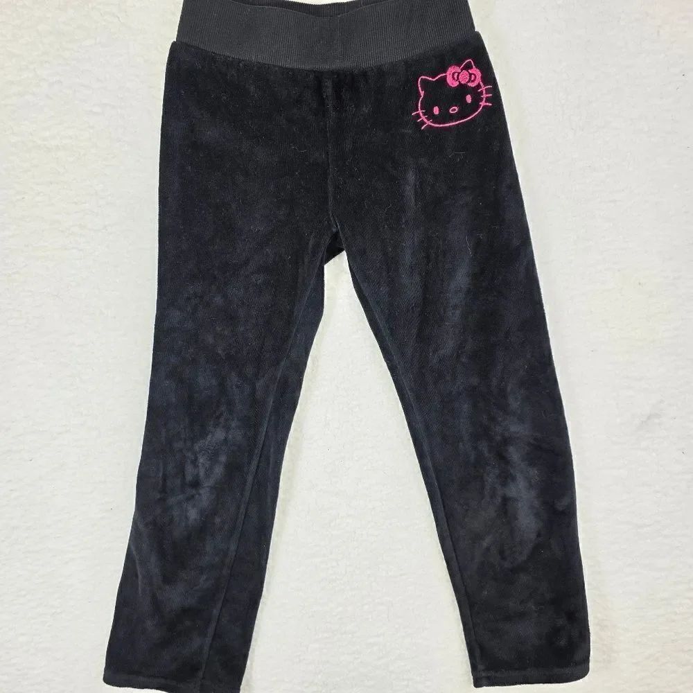 Hello Kitty Black Velour Sweats. Elastic Waist. Pink Embroidered Size 6